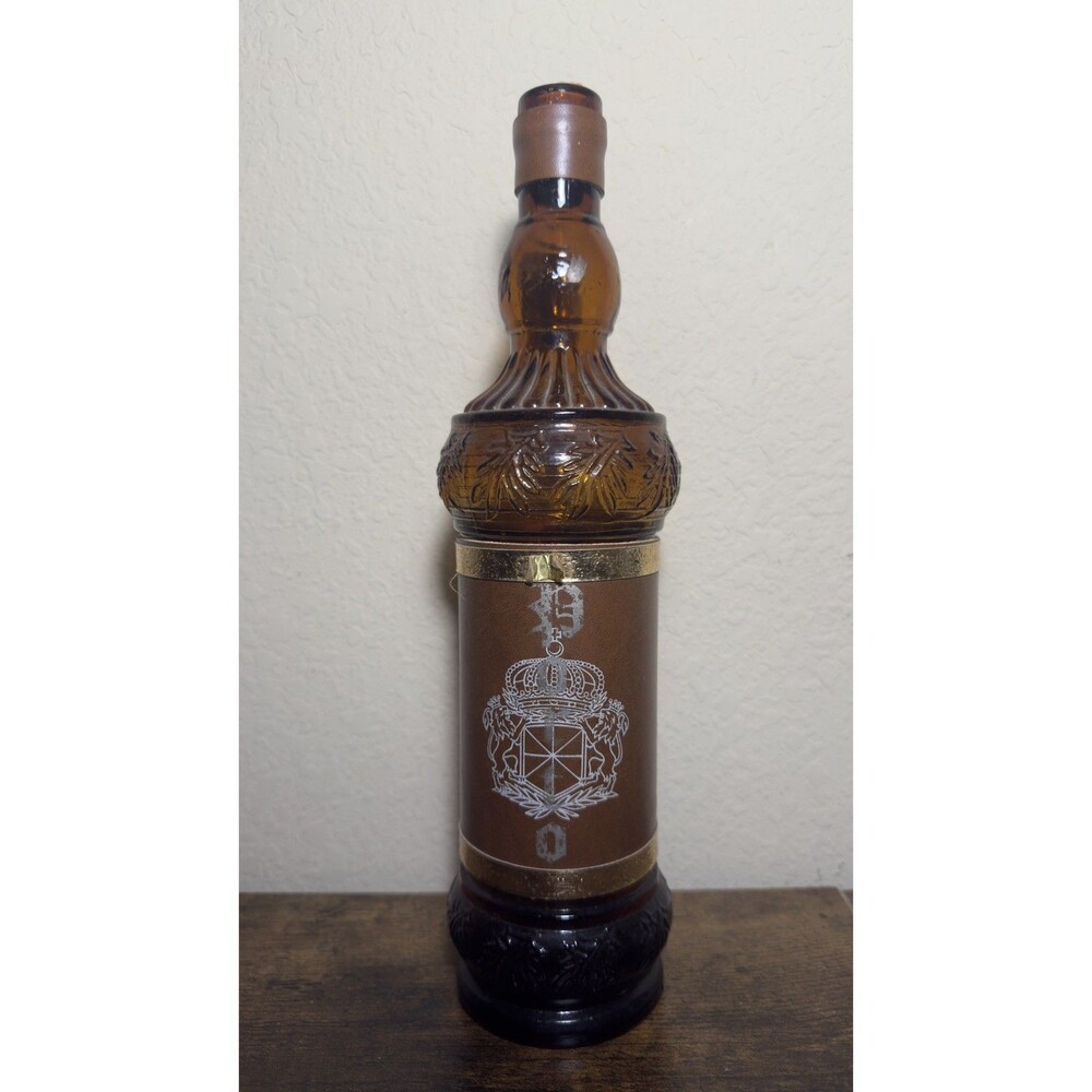 Vintage Amber Brown Wine Bottle Decanter with Stopper Spain Tooled Leather